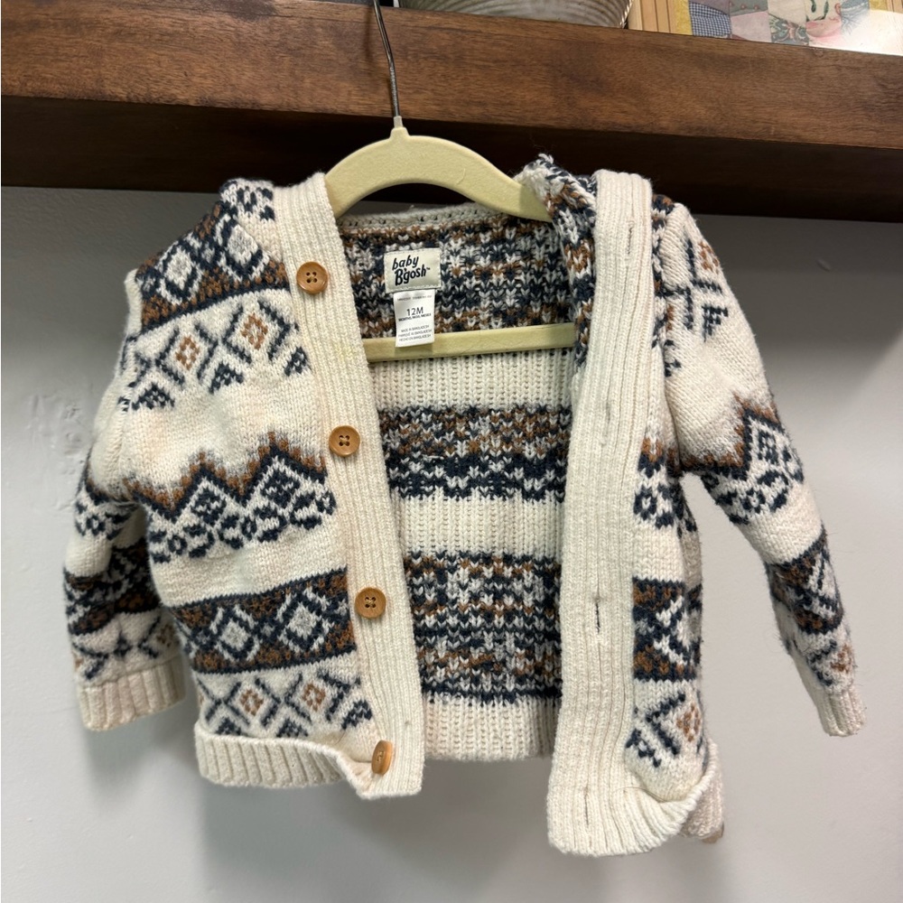 Baby Bgosh Cream and Brown Patterned Knit Cardigan